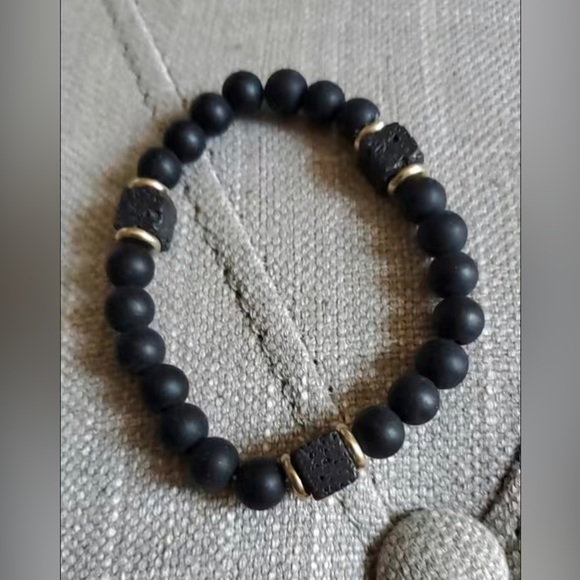 Matte Black Onyx Cubic Lava Stone Beaded Bracelet Stretch Bracelet Men’s NWT - Picture 8 of 10
